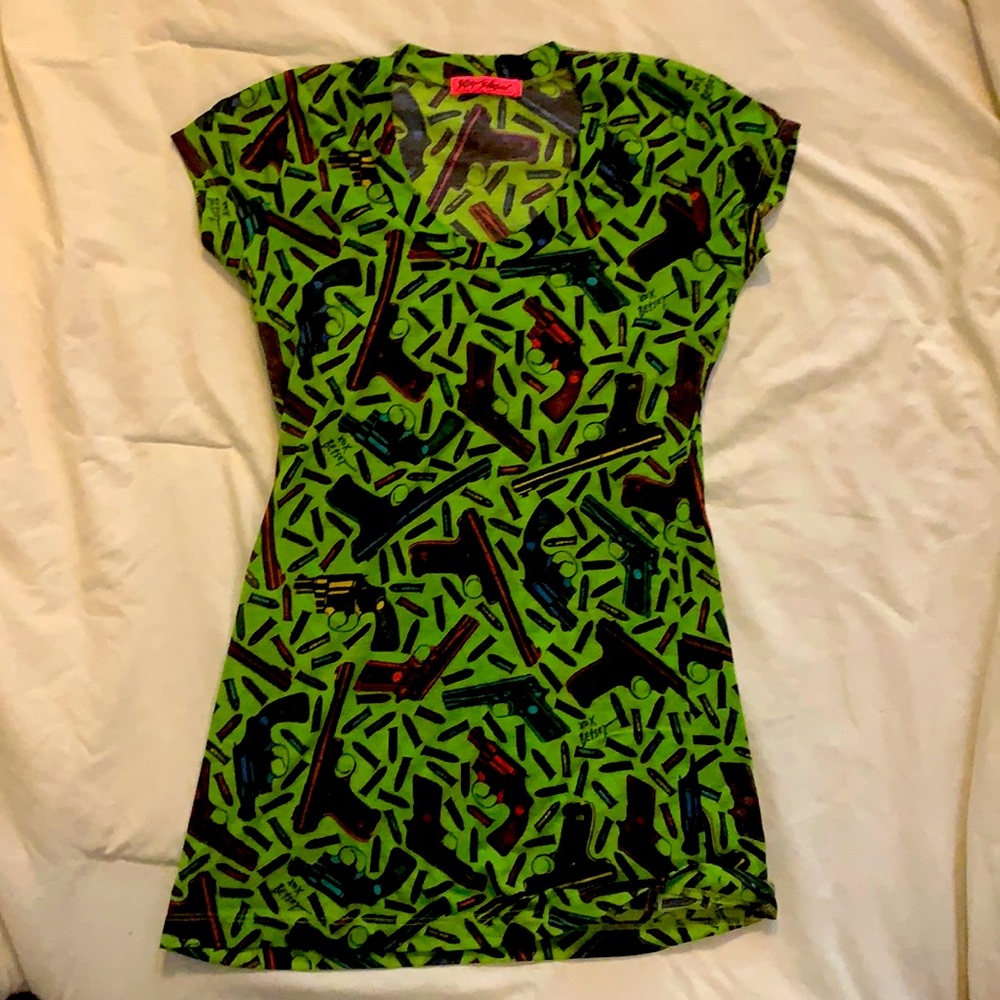 Betsy Johnson original - line green tshirt with pink, purple, blue, and yellow